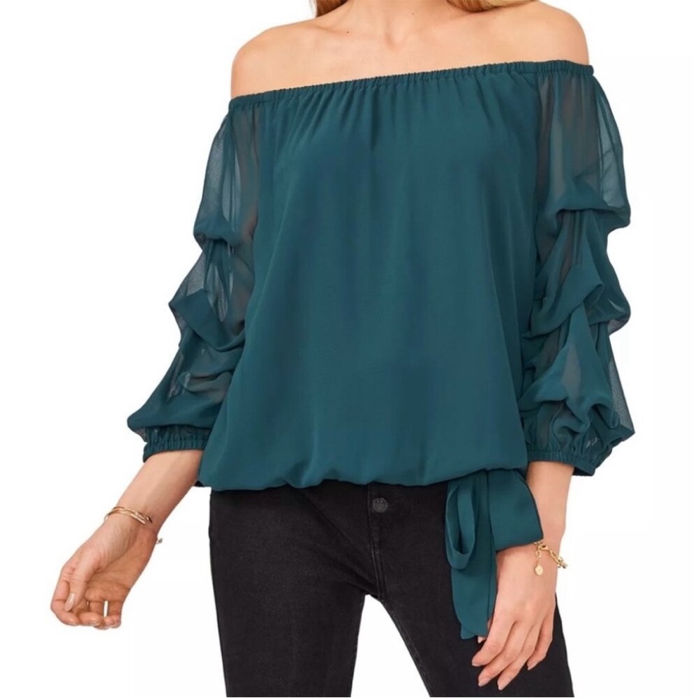 Vince Camuto Teal Ruffled Tie Front Blouse off the shoulder